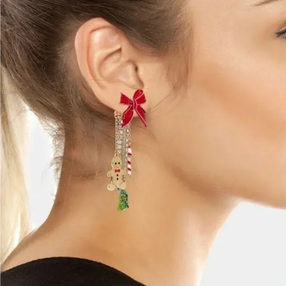FIRM PRICE Betsey Johnson Gingerbread Man Candy Cane Xmas Tree Necklace Earring - Picture 3 of 7